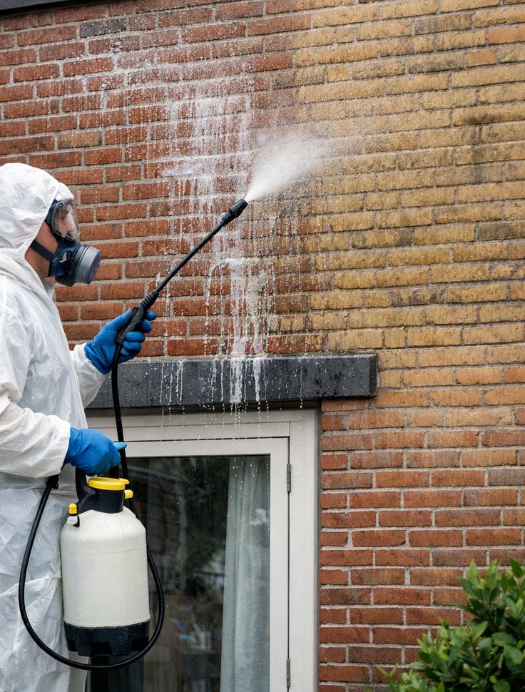 Professionnel appliquant un traitement anti-mousse sur façade avec équipement de protection